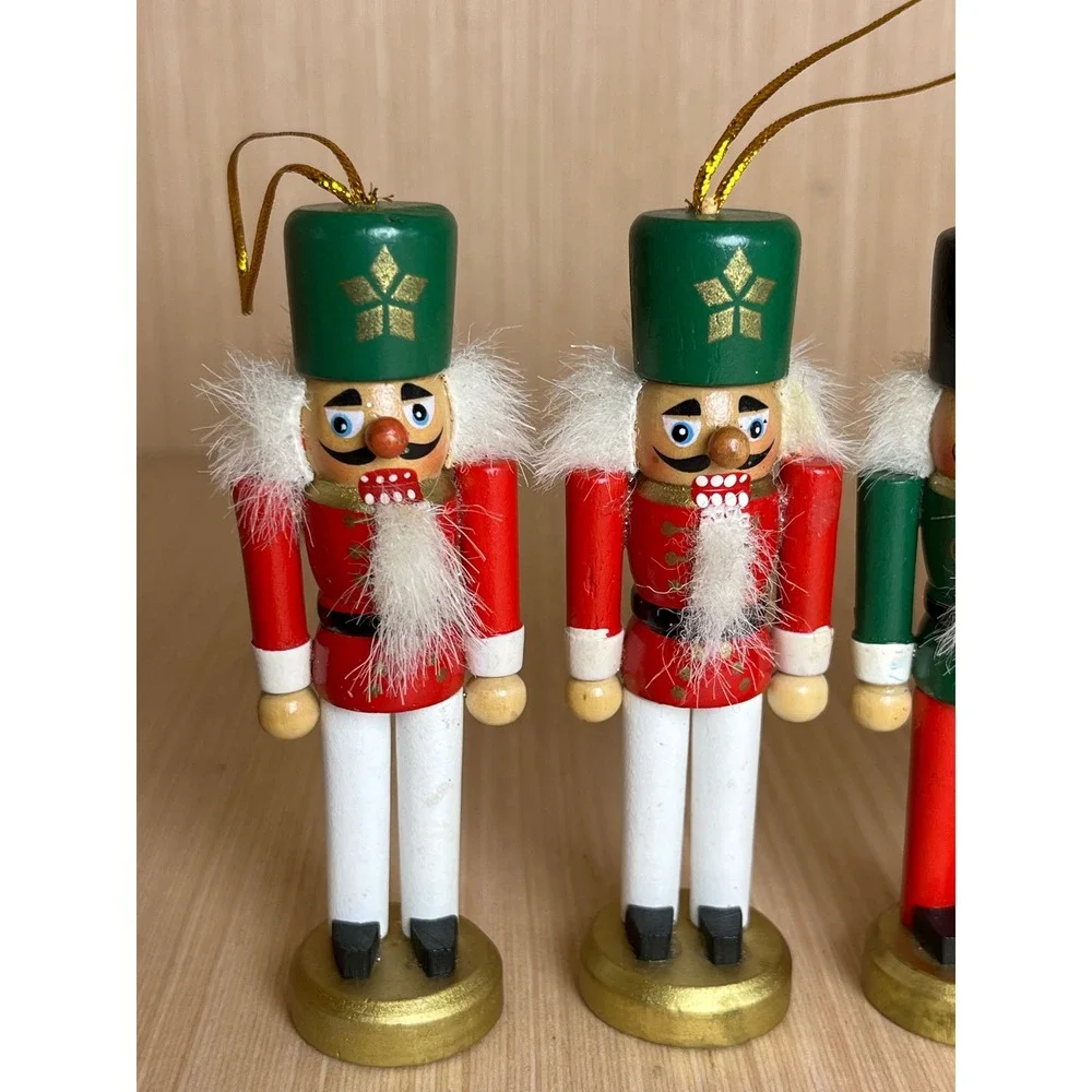 Vintage Wooden Nutcracker Soldier Christmas Ornament Set Red Green 5pc